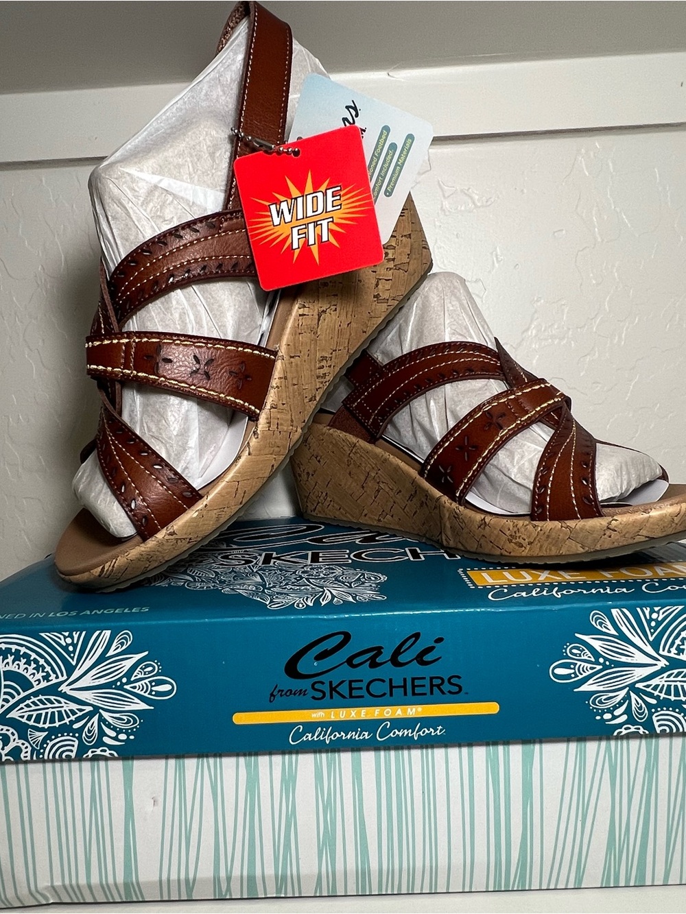 Skechers Cali Wide-Fit Cork Wedge Sandals - Brown